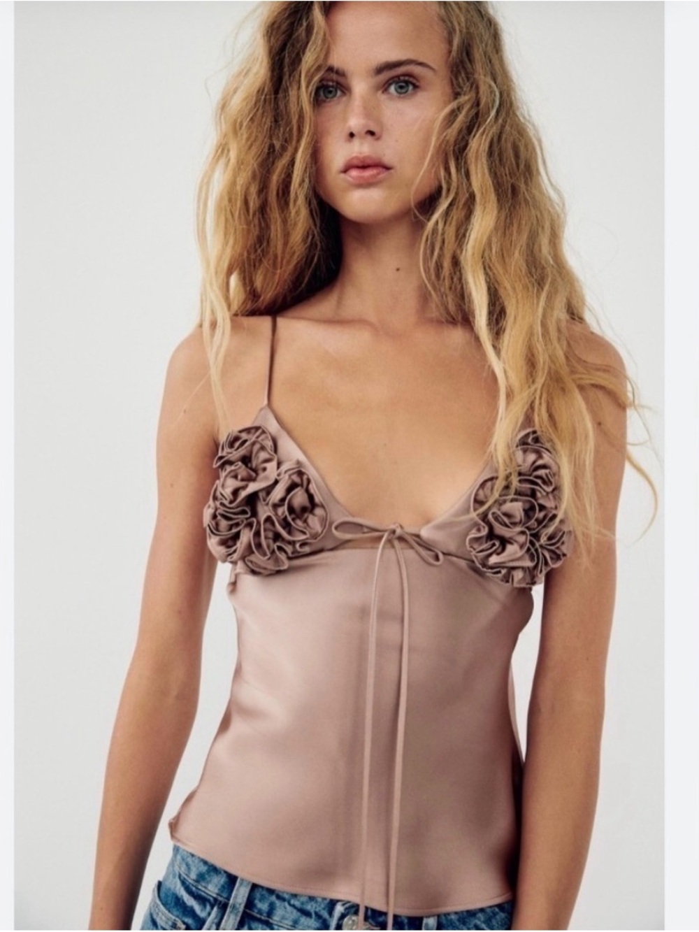 Zara Silk-Look Rose Appliqué Cami Top - Taupe